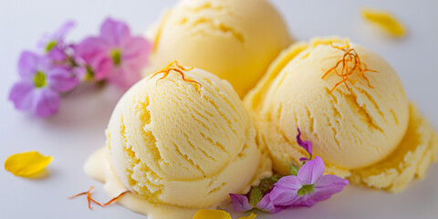 Exotic saffron and cardamom ice cream, an image of exotic saffron and cardamom ice cream, its rich hues and intricate flavors against a white background