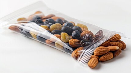 Plastic bag filled with healthy trail mix of almonds, raisins, and blueberries