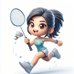 Cute Chibi Girl Playing Badminton with Racket and Shuttlecock