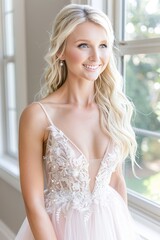 Fototapeta premium Blonde woman in flowy pastel pink dress, smiling radiantly under sunlight streaming through window