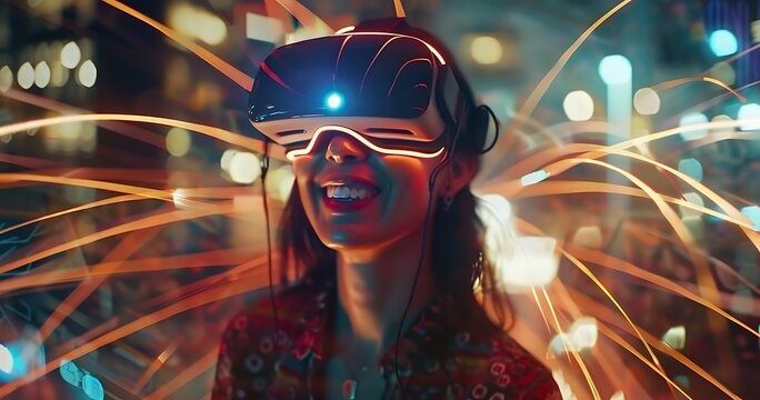 Smiling businesswoman using virtual reality glasses. Digital composite of smiling businesswoman wearing VR goggles and nighttime cityscape with fiber optic light trails
