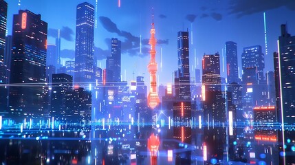 Fototapeta premium Futuristic digital cityscape with glowing data connections and urban technology modernization