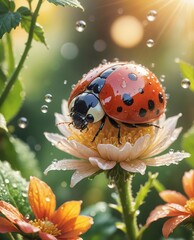 A cute ladybug close up on a green leaf, 3d cartoon style.