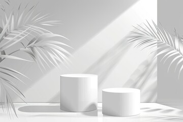 Abstract white 3D room with realistic white cylinder pedestal podium set and palm leaf shadow overlay. Minimal scene for product display presentation. Vector geometric platform - generative ai