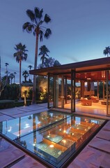 Fototapeta premium Illuminated glass house with concrete walls and wood accents in California at dusk