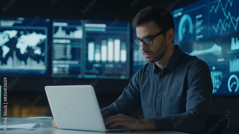 Poster portrait of a web analytics developer working in modern office, tech worker portrait