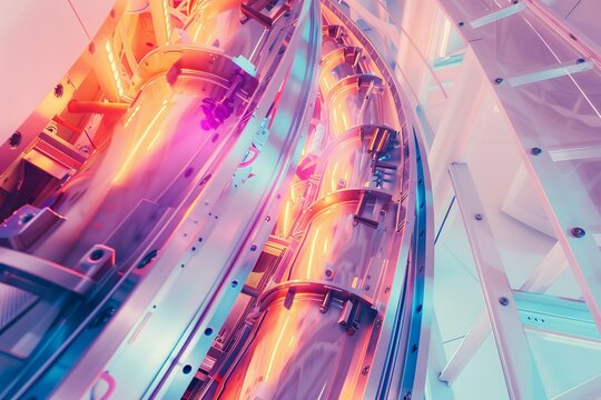 Modern synchrotron light research, hightech advancements, top view, showcasing technological progress, digital tone, Colored Pastel