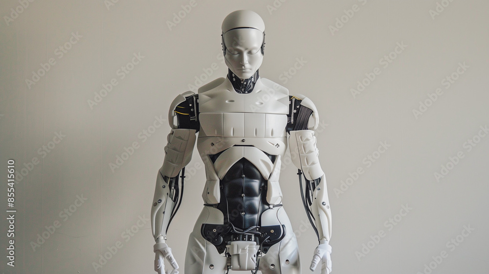 Poster a humanoid robot with a sleek, minimalist design stands against a neutral background, symbolizing th