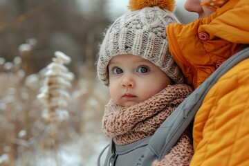 A close-up portrait of an adorable baby dressed warmly for winter, nestled in a baby carrier. The baby is wearing a knitted hat with a pom-pom, a matching scarf, and a cozy jacket