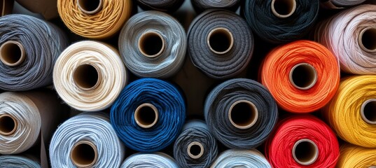 Vibrant yarn rolls creating a colorful background display of assorted threads and fibers