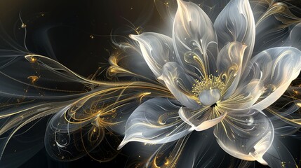 Gold and White Flower with Abstract Swirls on Dark Background: Stunning Elegance