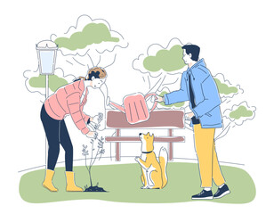 Couple planting tree. People gardeners care about ecology and environment. Eco friendly activists and volunteers watering plant. Linear flat vector illustration isolated on white background