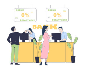 Credit department. Banking operations with customers. Cashless transfers and transactions. Finance Managers Working with Clients in Bank Office. Linear flat vector illustration isolated on background