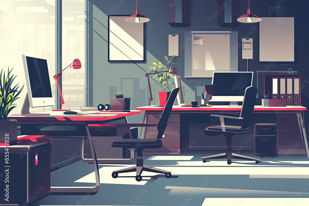 Leinwandbilder a computer desk with a monitor and a keyboard, Craft a detailed vector illustration of a sleek tech startup office
