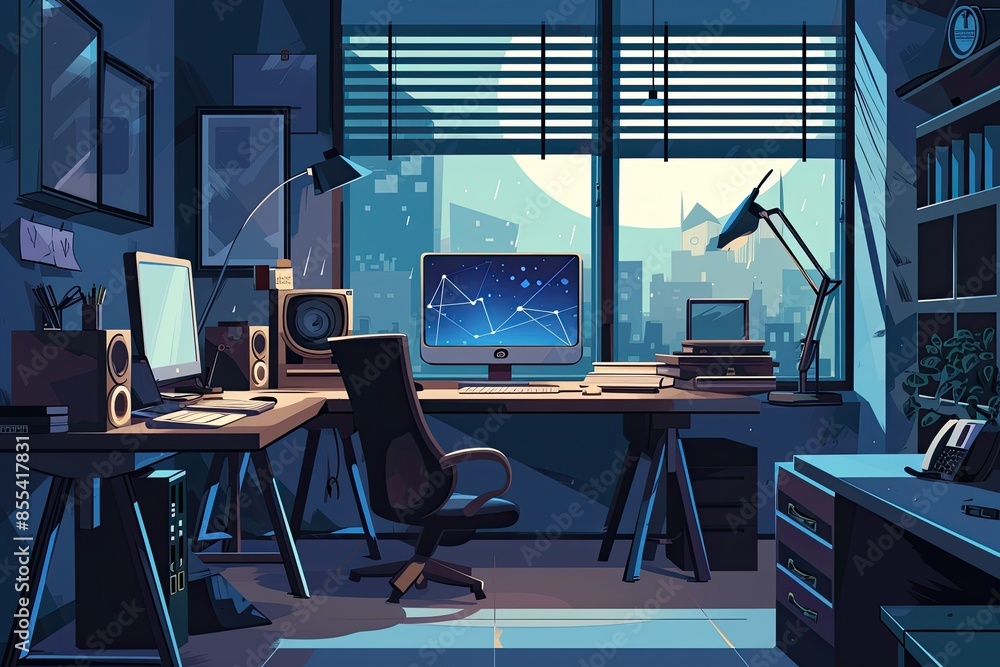 Leinwandbilder a computer desk with a monitor and a keyboard, craft a detailed vector illustration of a sleek tech 