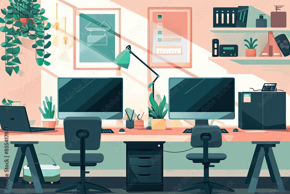 Poster a computer desk with a monitor and a keyboard, craft a detailed vector illustration of a sleek tech 