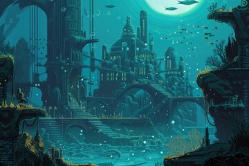 a painting of a castle under the sea, Craft a detailed vector illustration of an underwater city