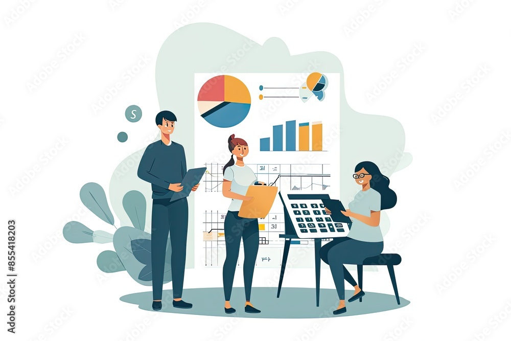 Poster two people sitting at a desk with a laptop and a monitor, Craft a vector scene of professionals in the tourism and travel sector