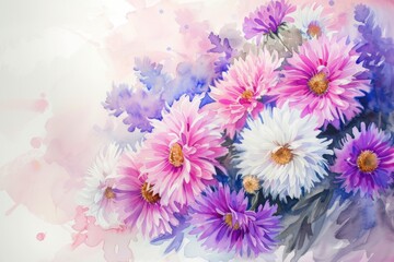 a bunch of flowers on a table, Craft a vibrant watercolor arrangement featuring lavender and white asters