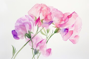 a painting of purple flowers on a white background, a delicate watercolor bunch of sweet peas