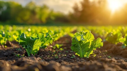 Close-up of green vegetables growing in dirt with farm field at sunset. Goodness comes from nature. Still life shot of plants in a garden - Generative AI