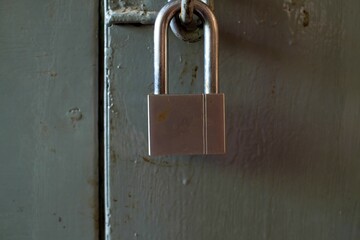 Safety stainless steel padlock on gate of small gray container closeup . High quality photo, stock photo.