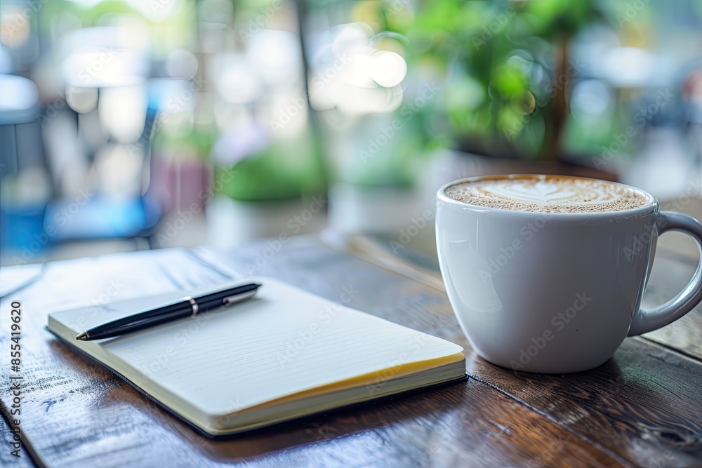 Aufkleber a cup of coffee and an open book on a table, an inviting workspace with a coffee cup and notebook