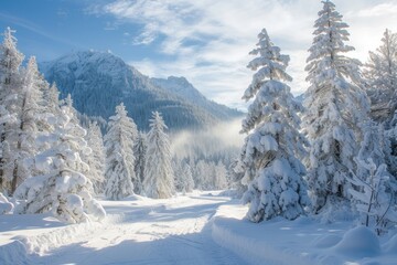 a snow covered mountain with trees and clouds, a snowy winter wonderland with trees and mountains