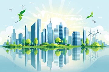 a city with birds flying over it, a vector illustration of a sustainable eco-city