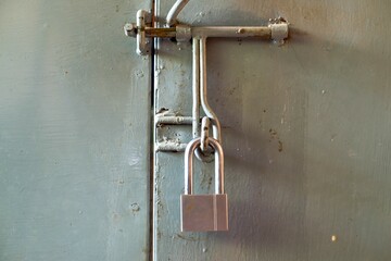Safety stainless steel padlock on gate of small gray container closeup . High quality photo, stock photo.