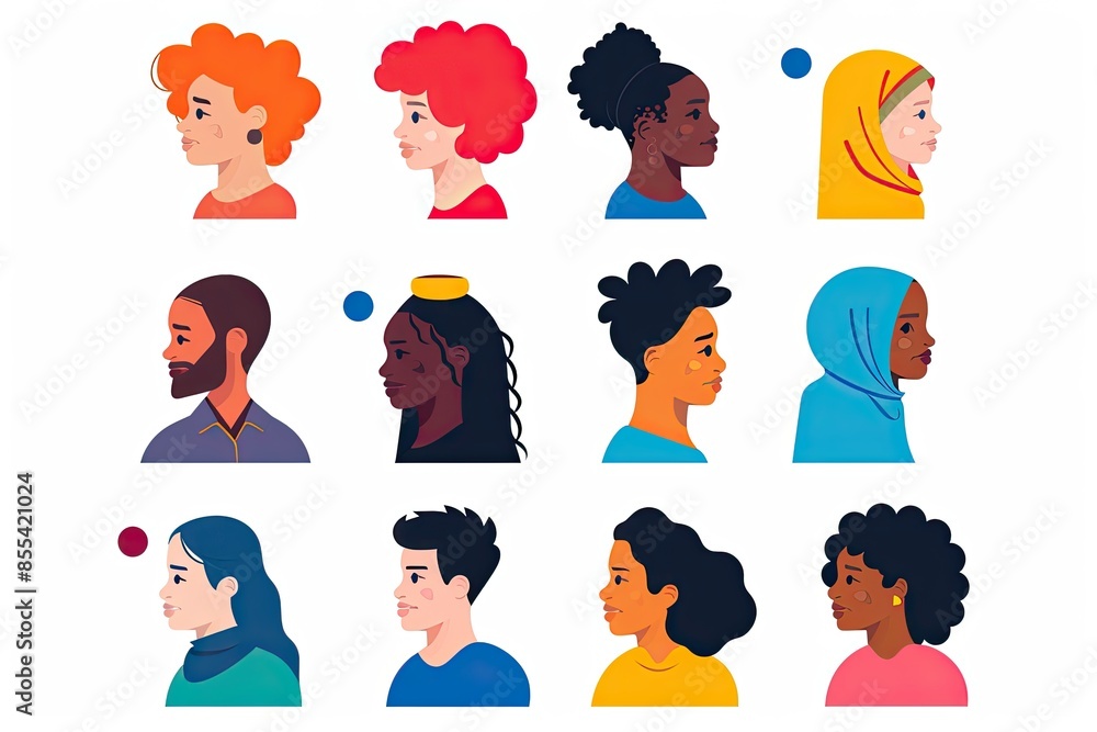 Poster a group of people with different hair styles, design a set of vector icons representing modern fashi