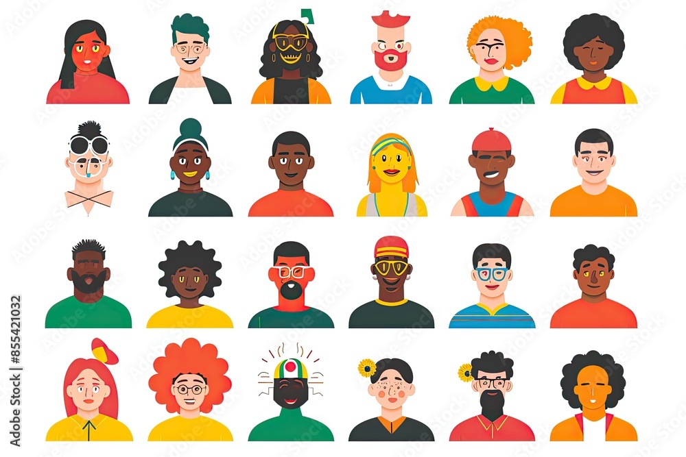 Poster a group of people with different hair styles, design a set of vector icons representing modern fashi