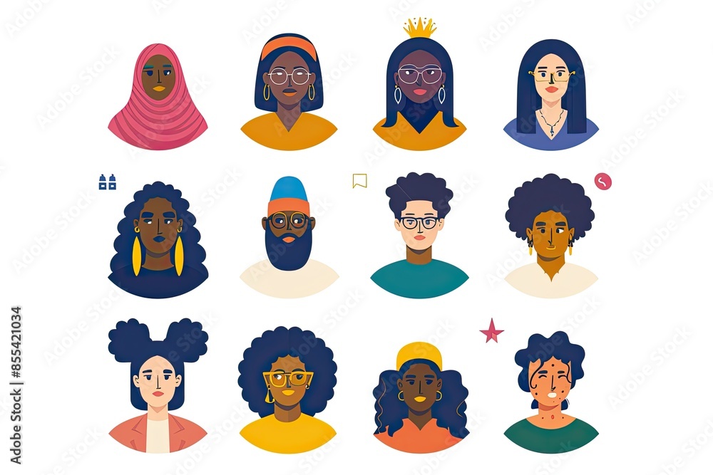 Poster a group of people with different hair styles, design a set of vector icons representing modern fashi