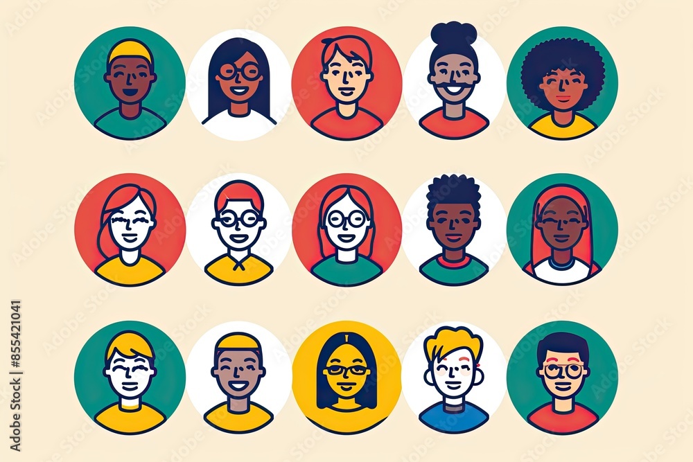 Poster a group of people with different hair styles, design a set of vector icons representing modern fashi