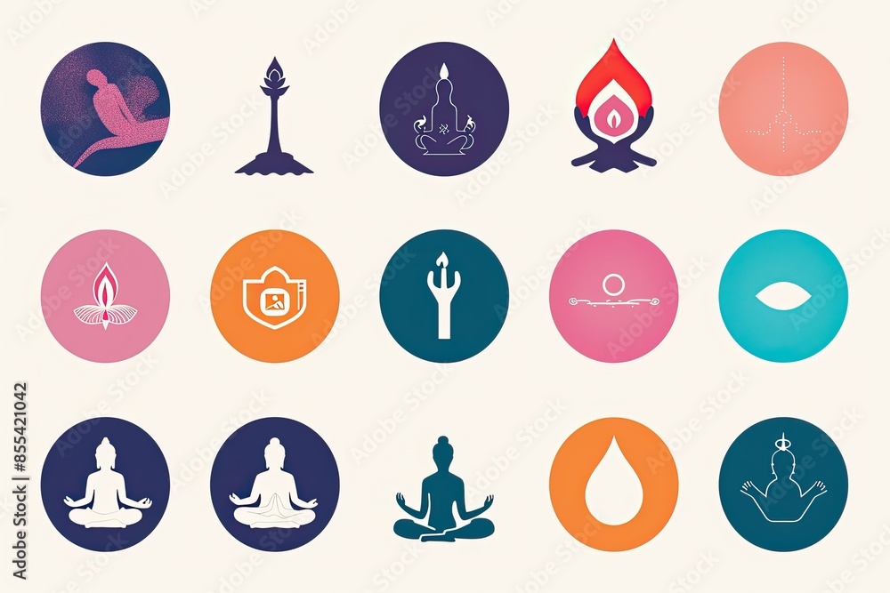 Poster a set of yoga icons in a circle, Design a set of vector icons representing mindfulness