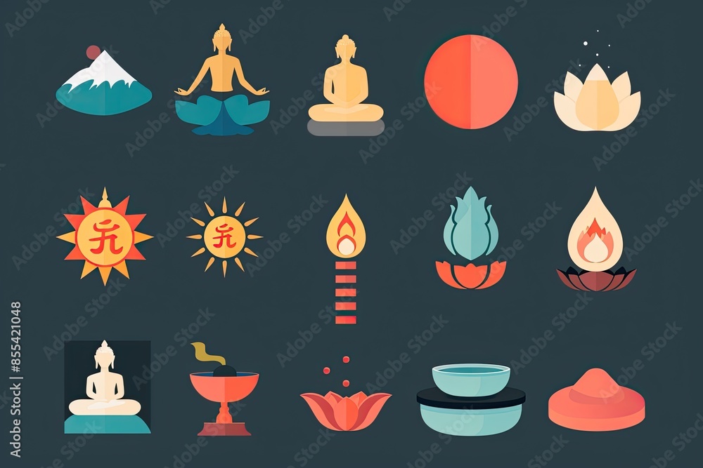 Poster a set of yoga icons in a circle, Design a set of vector icons representing mindfulness