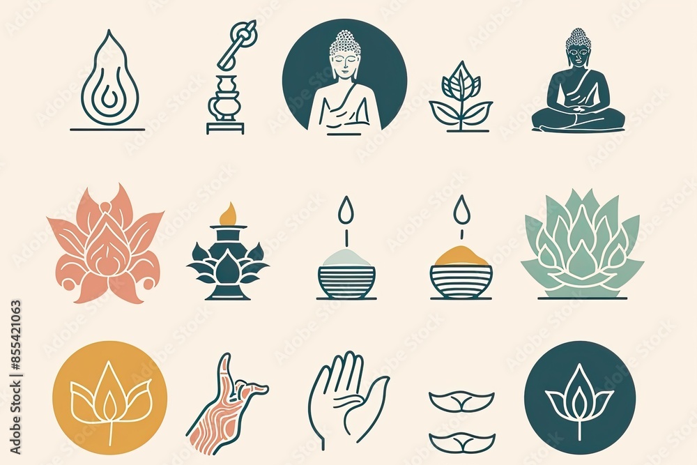 Poster a set of yoga icons in a circle, Design a set of vector icons representing mindfulness