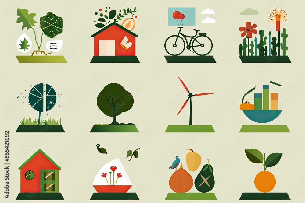 Poster a set of flat design icons of different types of nature, Design a set of vector icons representing sustainable living