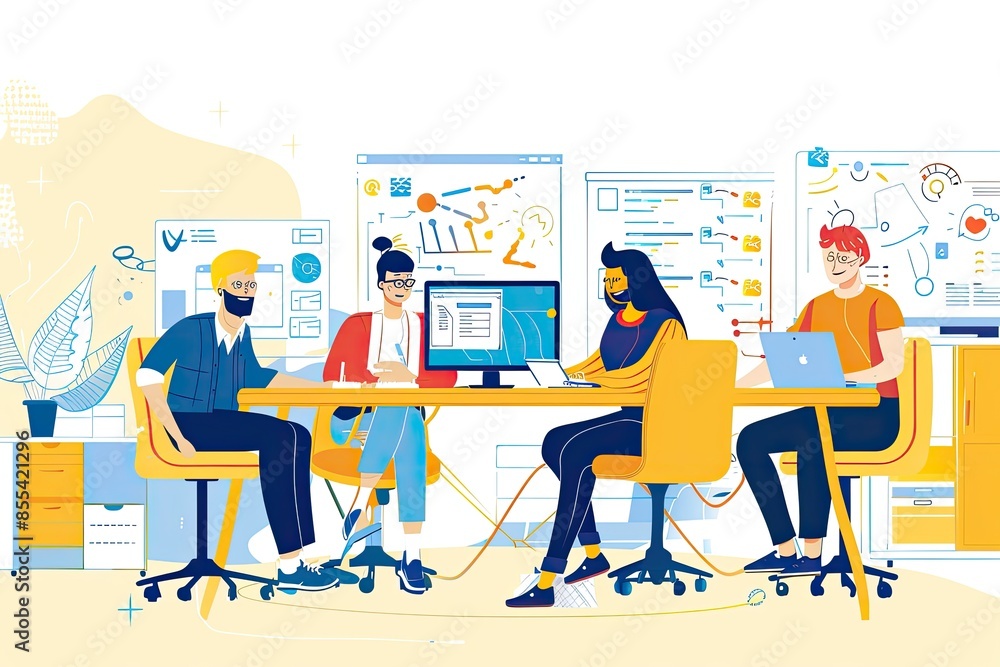 Leinwandbilder a group of people sitting at a desk with computers, design a vector illustration of a dynamic team i