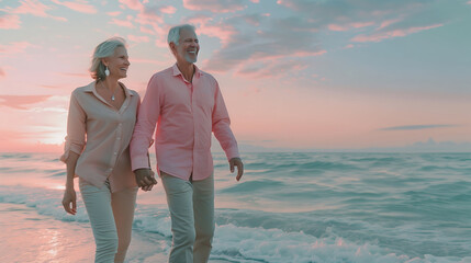 Fototapeta premium A senior couple enjoying summer vacation by the sea, celebrating their wedding anniversary. Pensioners spending a romantic summer, exploring new places & traveling. Concept of traveling in retirement.