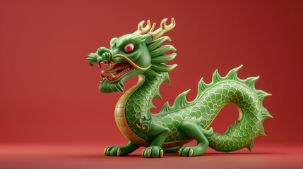 Fototapeta premium Green Chinese Dragon with Red Background Generative AI