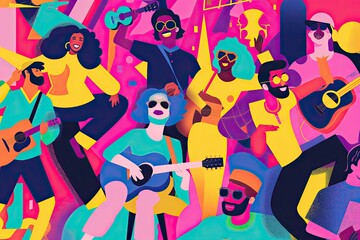 a group of people sitting on a bench, Design a vector illustration of a vibrant team in the entertainment industry