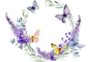 a wreath of lavender flowers and butterflies, Design a wreath with watercolor lavender and white...