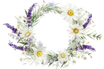 a wreath of flowers and leaves on a white background, Design a wreath with watercolor lavender and white cosmos