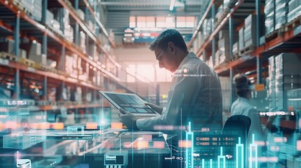 Obraz premium Synergy of finance and logistics: Double exposure in corporate office and distribution center, financial charts and stock data overlay - Generative AI