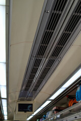 Top view of train cabin for passengers, ecomomy class with Luggage and ac, traveling, trip, journey, homecoming, holiday, and vacations.