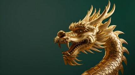 Obraz premium Golden Dragon Statue on Green Background, Generative AI