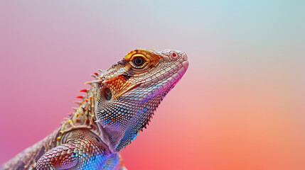 Fototapeta premium vivid close-up portrait of an iguana with multicolored scales, with copy space for text