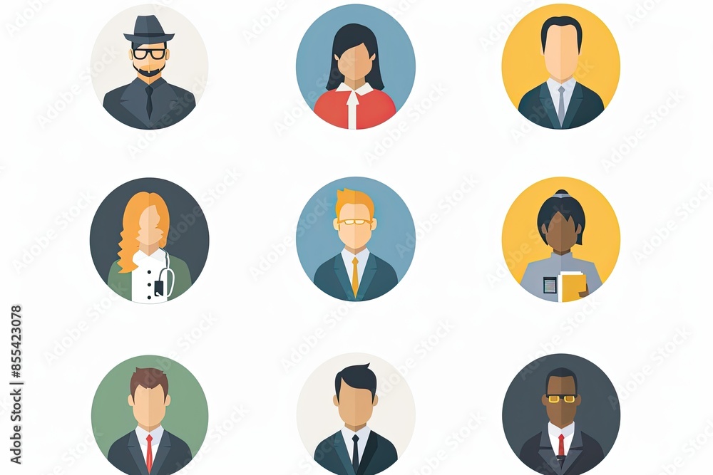 Poster a set of flat icons of people in different professionss, Develop a set of vector icons representing diverse business professions