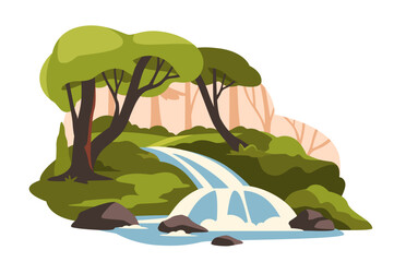 Forest landscape concept. Tree and rocks near river. Beautiful panorama. Spring or summer day. Graphic element for website. Cartoon flat vector illustration isolated on white background